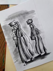 بالأبيض والأسود بألوان مائية مع حبر تصف رحيل أجدادنا في وقت الهجرة عن بلادنا الأصيلة المحتلة